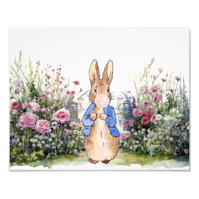 Impression Photo Pierre le lapin gomme rose dans son jardin (Devant)