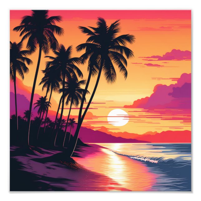 Impression Photo Plage de coucher de soleil avec palmiers (Devant)