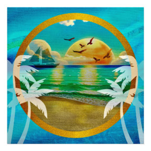 Impression Photo Plage Tropicale Moderne Palmiers Coucher de Soleil