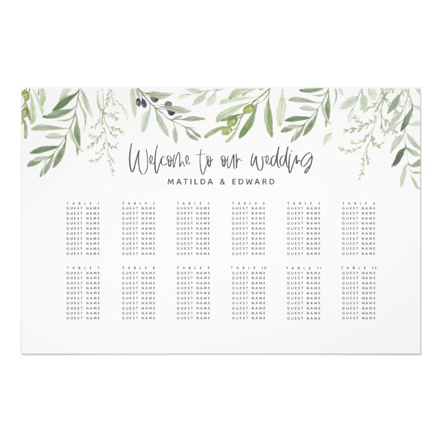 Impression Photo Plan d'assise mariage vert du feuillage d'aquarell (Devant)