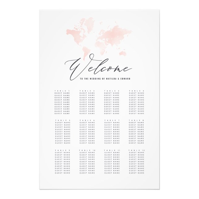 Impression Photo Plan de sièges mariage de l'aquarelle rose (Devant)