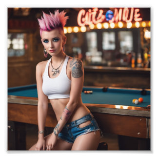 Impression Photo Poil rose Tattoo Punk Pool Bar Girl in Torn Denim