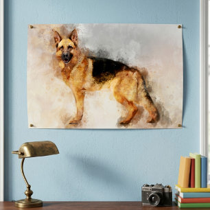 Impression Photo Portrait d'aquarelle de chien berger allemand 02