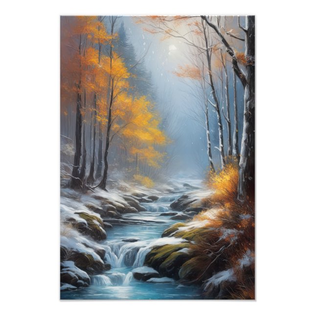 Impression Photo Première neige dans le paysage forestier luxuriant (Devant)