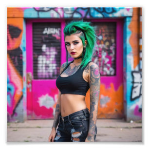 Impression Photo Punk de tatouage de cheveux verts Babe dans la rue