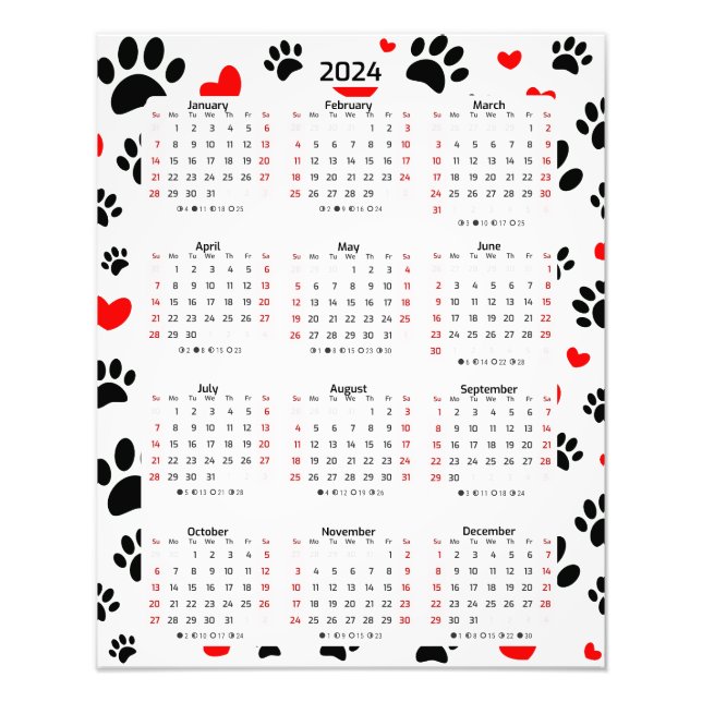 Impression Photo Random Dog Empreintes de pattes Et Red Hearts 2024 (Devant)