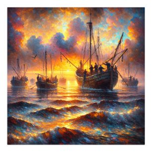 Impression Photo Récupération des pêcheurs au coucher du soleil