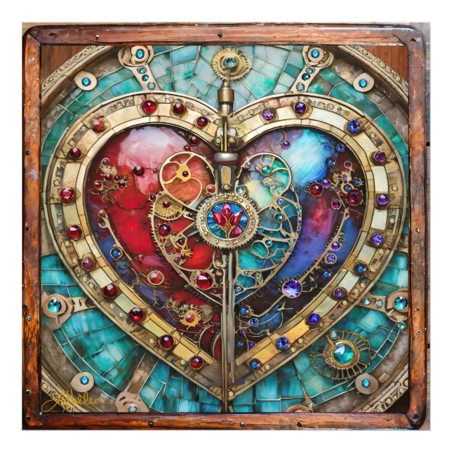 Impression Photo Red & Blue Stained Glass Heart Steampunk Series (Devant)