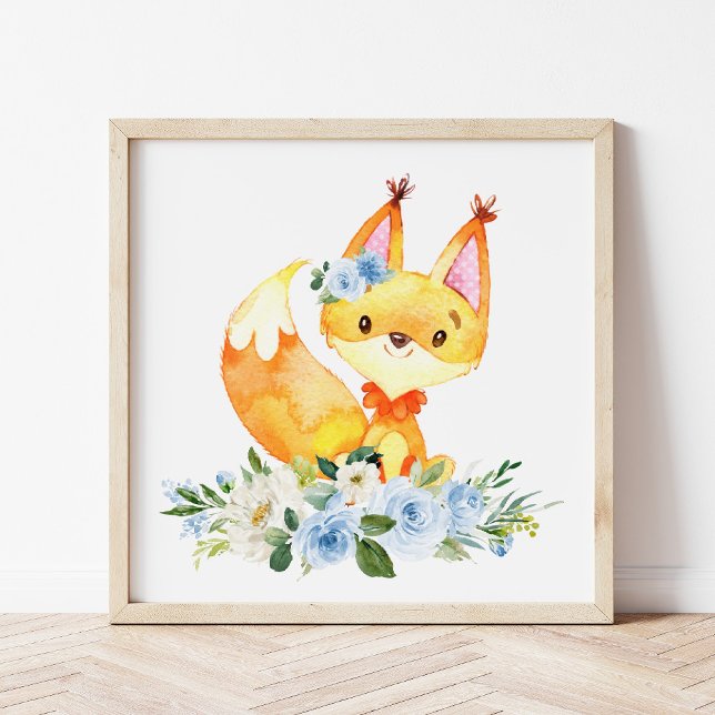 Impression Photo Renard, Animaux des bois, Boho, Fleurs bleues (Créateur téléchargé)