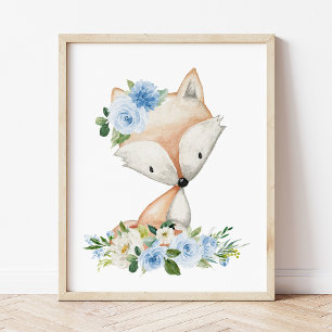 Impression Photo Renard, Animaux des bois, Boho, Fleurs bleues