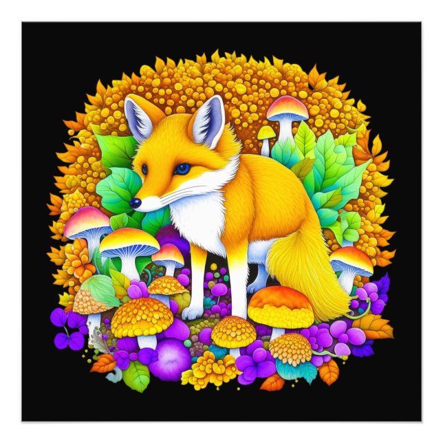 Impression Photo Renard d'automne dans les champignons et les feuil (Devant)