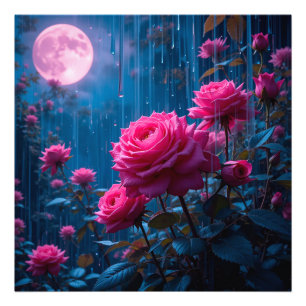 Impression Photo Roses roses roses vibrantes dans un jardin pluvieu