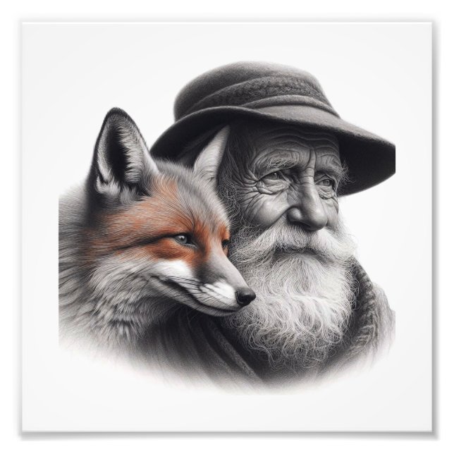 Impression Photo Sagesse et nature : Homme âgé avec Fox Wall Art (Devant)