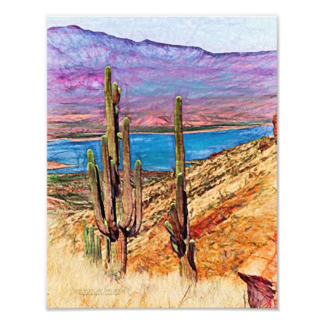 Impression Photo Saguaro Cactus Blue Lake Purple Mountains Arizona (Devant)