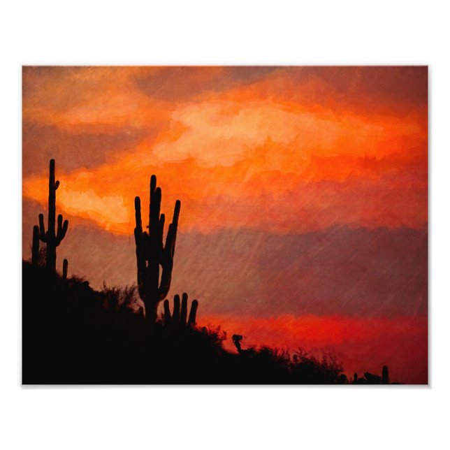 Impression Photo Saguaro Cactus Silhouette Arizona Red Sunset (Devant)