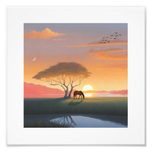 Impression Photo Savane du Coucher de Soleil Doré Cheval Paix Maiso