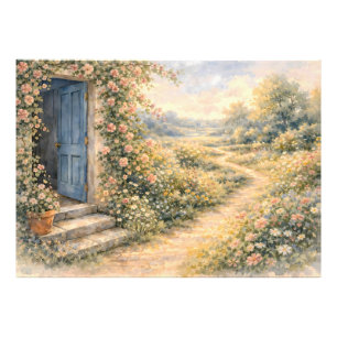 Impression Photo Scène de chemin fleuri à la porte bleue du jardin