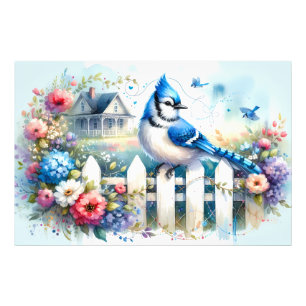 Impression Photo Scène de clôture de jardin de cottage Blue Jay
