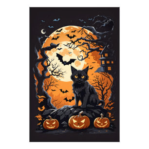 Impression Photo Scène d'Halloween avec chats, araignées et Citroui