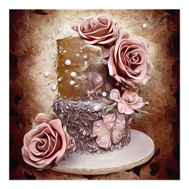 Impression Photo Sepia & Pink Rose Vintage Mariage Gâteau (Devant)