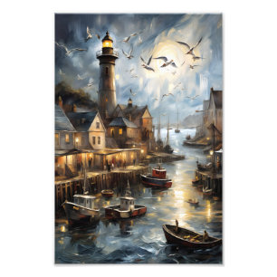 Impression Photo Serene Coastal Village à Dusk Nautical Harbour Art