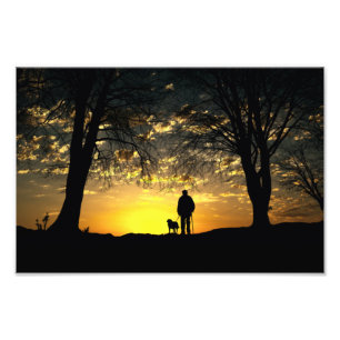 Impression Photo Silhouette d'arbre de l'homme et du chien au couch