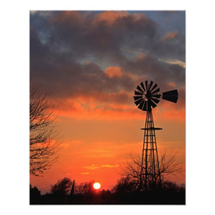 Impression Photo Silhouette de moulin à vent Kansas coucher de sole
