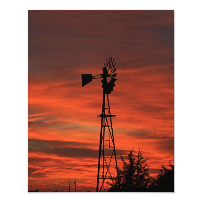 Impression Photo Silhouette de moulin à vent Kansas coucher de sole (Devant)