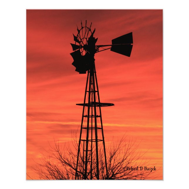 Impression Photo Silhouette de moulin à vent Kansas coucher de sole (Devant)