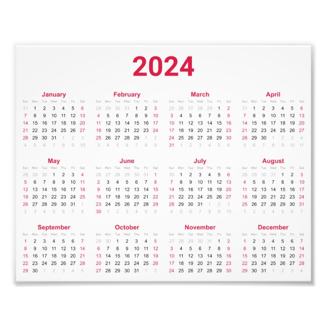 Impression Photo Simple Rouge & Blanc 2024 Année En Aperçu Calendri (Devant)