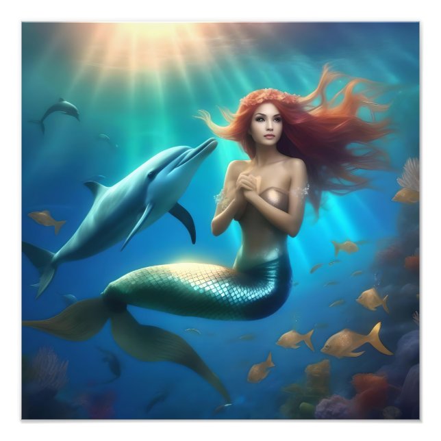 Impression Photo Sirène Angélique Nageant Avec Dauphins, (Devant)