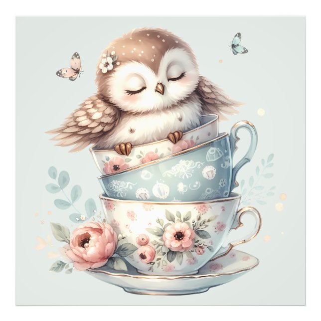 Impression Photo Sleeping Owl in Stacked Floral Teacups (Devant)