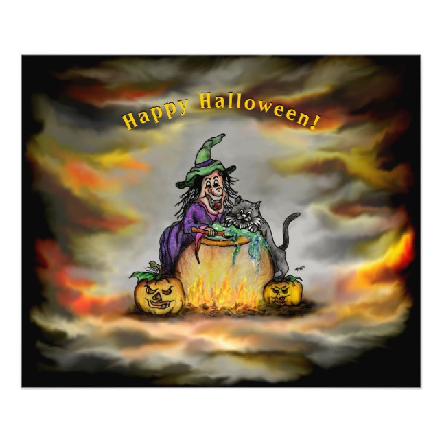 Impression Photo Sorcière et chat noir, Happy Halloween ! (Devant)