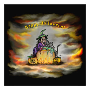 Impression Photo Sorcière et chat noir, Happy Halloween !