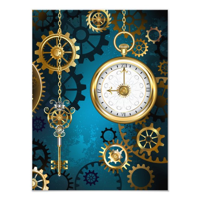Impression Photo Steampunk Arrière - plan turquoise avec Gears (Devant)