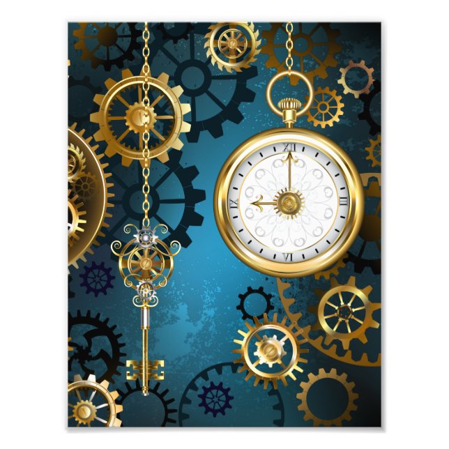 Impression Photo Steampunk Arrière - plan turquoise avec Gears (Devant)