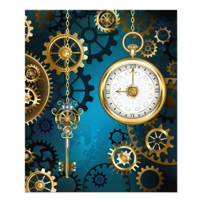 Impression Photo Steampunk Arrière - plan turquoise avec Gears (Devant)