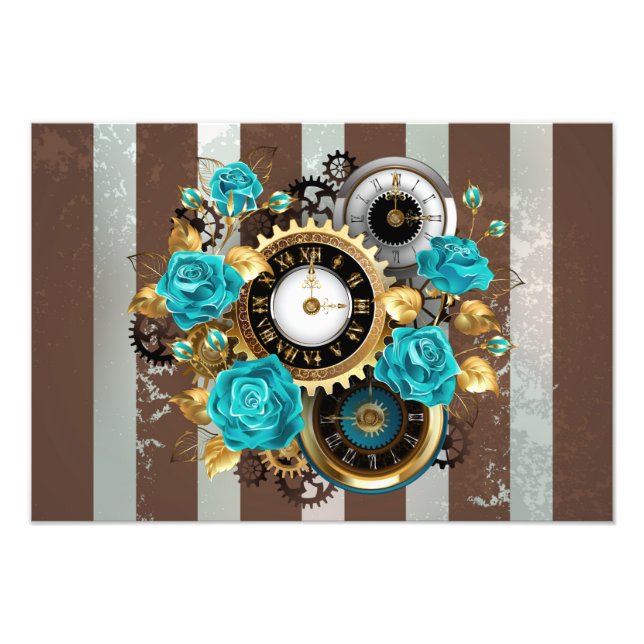 Impression Photo Steampunk Clock and Turquoise Roses on Striped (Devant)