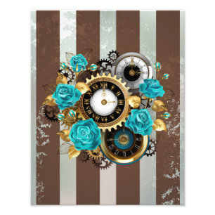 Impression Photo Steampunk Clock and Turquoise Roses on Striped