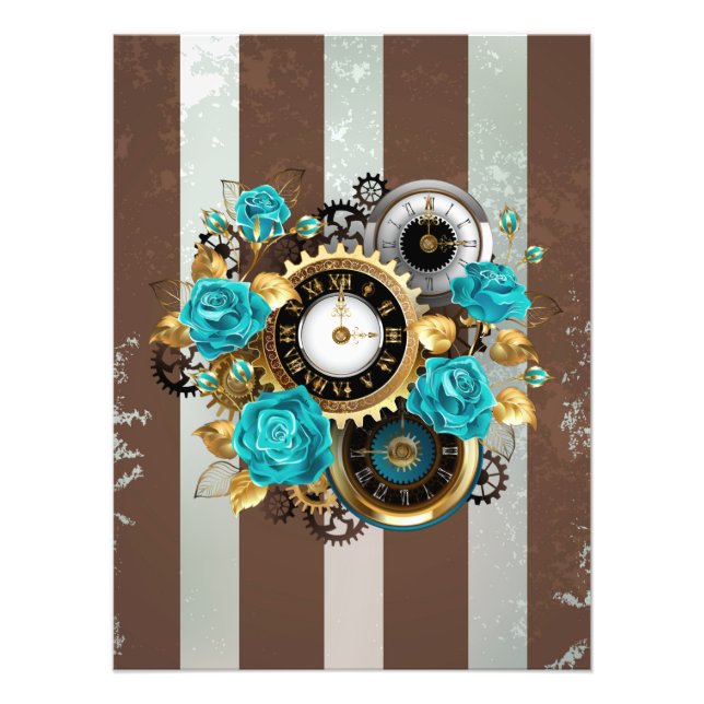 Impression Photo Steampunk Clock and Turquoise Roses on Striped (Devant)