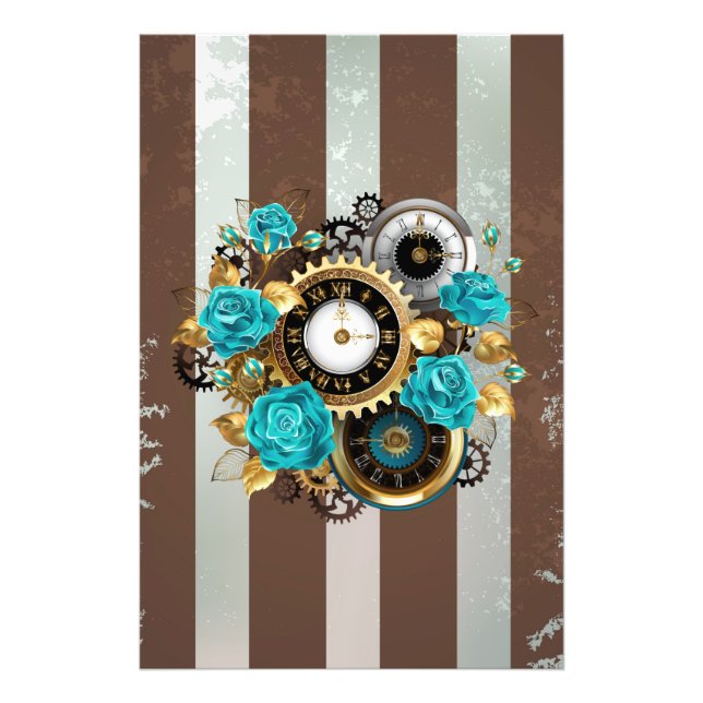Impression Photo Steampunk Clock and Turquoise Roses on Striped (Devant)