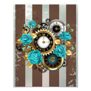 Impression Photo Steampunk Clock and Turquoise Roses on Striped