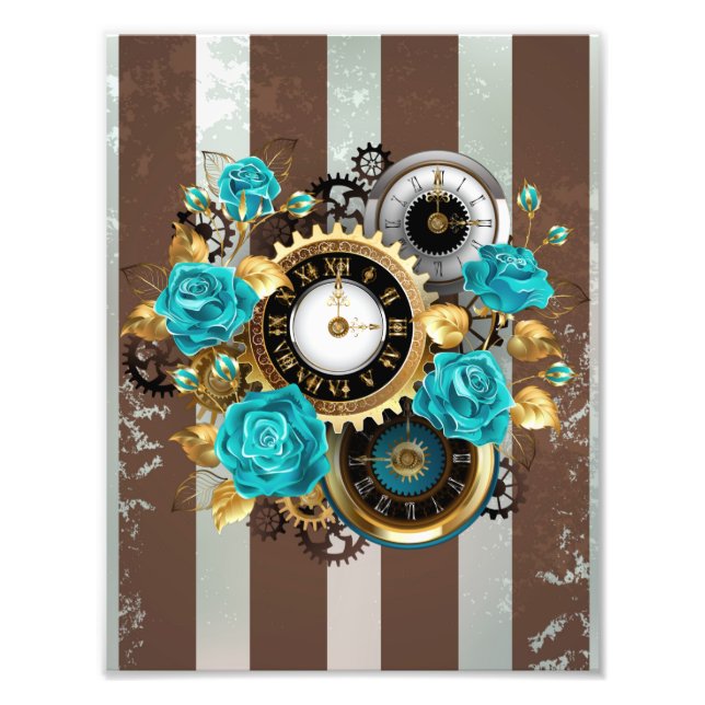Impression Photo Steampunk Clock and Turquoise Roses on Striped (Devant)