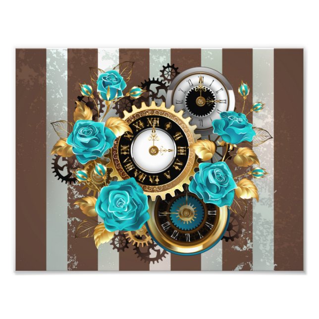 Impression Photo Steampunk Clock and Turquoise Roses on Striped (Devant)