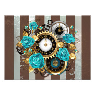 Impression Photo Steampunk Clock and Turquoise Roses on Striped