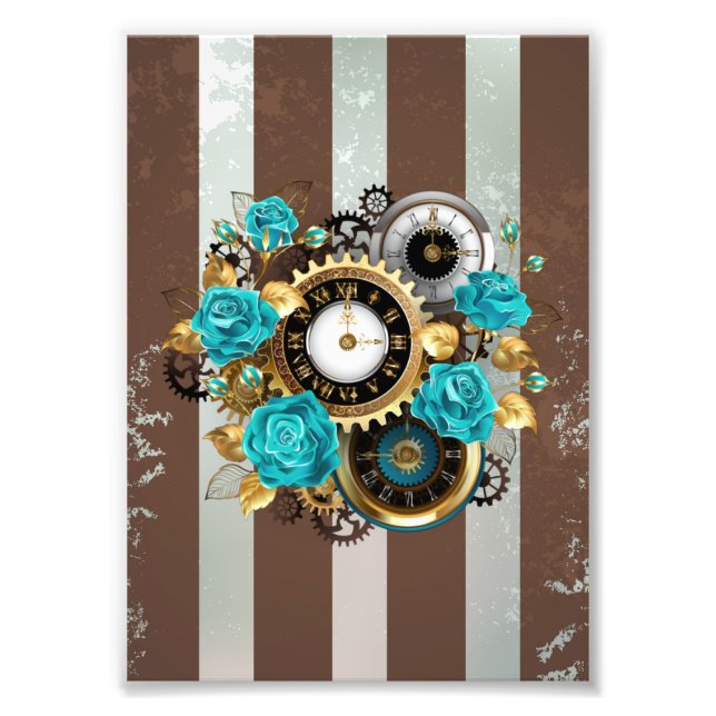 Impression Photo Steampunk Clock and Turquoise Roses on Striped (Devant)