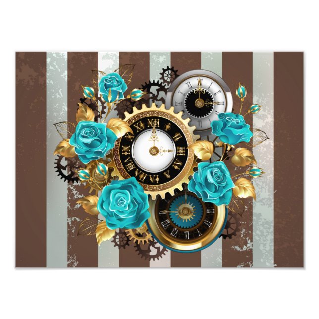 Impression Photo Steampunk Clock and Turquoise Roses on Striped (Devant)