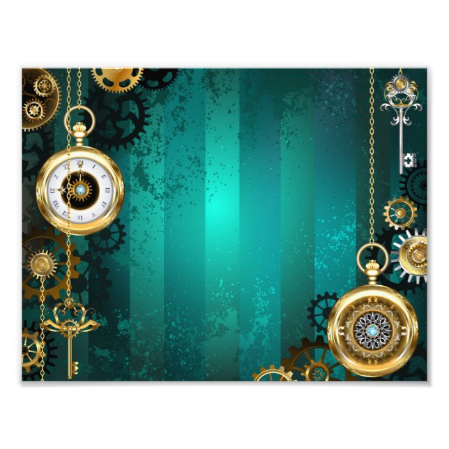 Impression Photo Steampunk Jewelry Watch on a Green Background (Devant)
