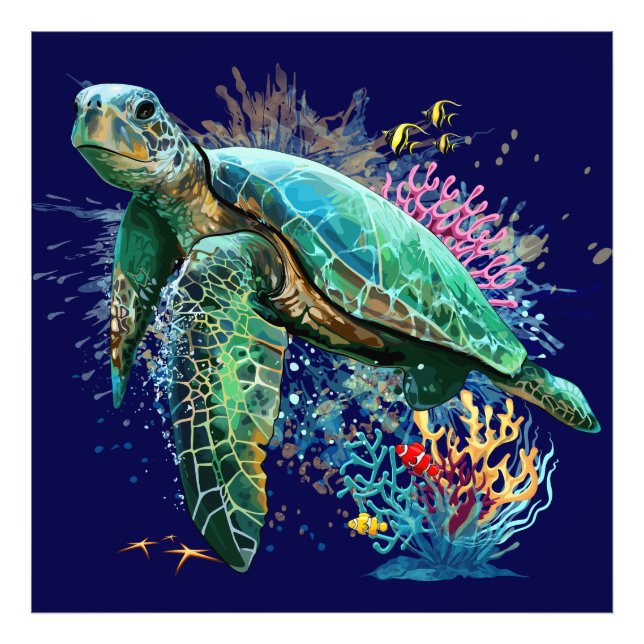 Impression Photo Style d'aquarelle sous-marine de tortue marine (Devant)