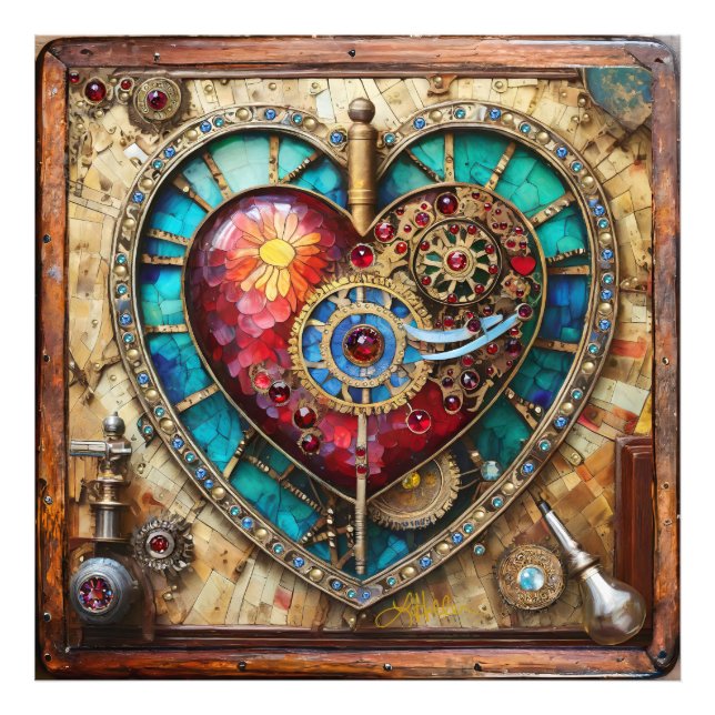 Impression Photo Sunflower Stained Glass Heart Steampunk Series (Devant)